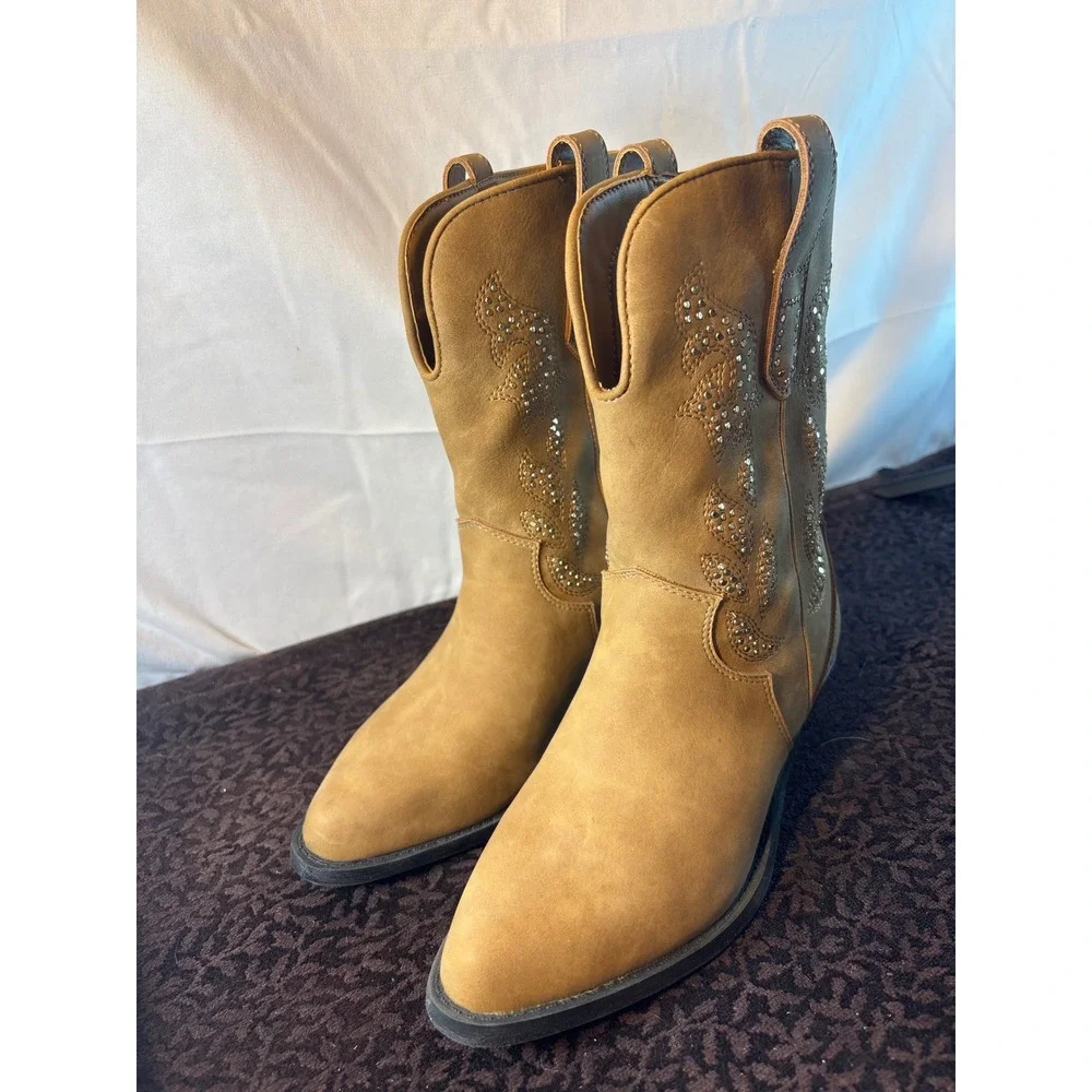 Call It Spring Tan Rhinestone Embellished Western Cowboy Boots Womens - Picture 3 of 12